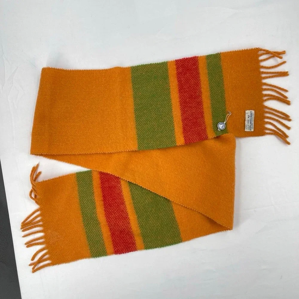Vintage 70s Swedish Wool Gotland Scarf New Orange Striped Tassel Fall Academia
